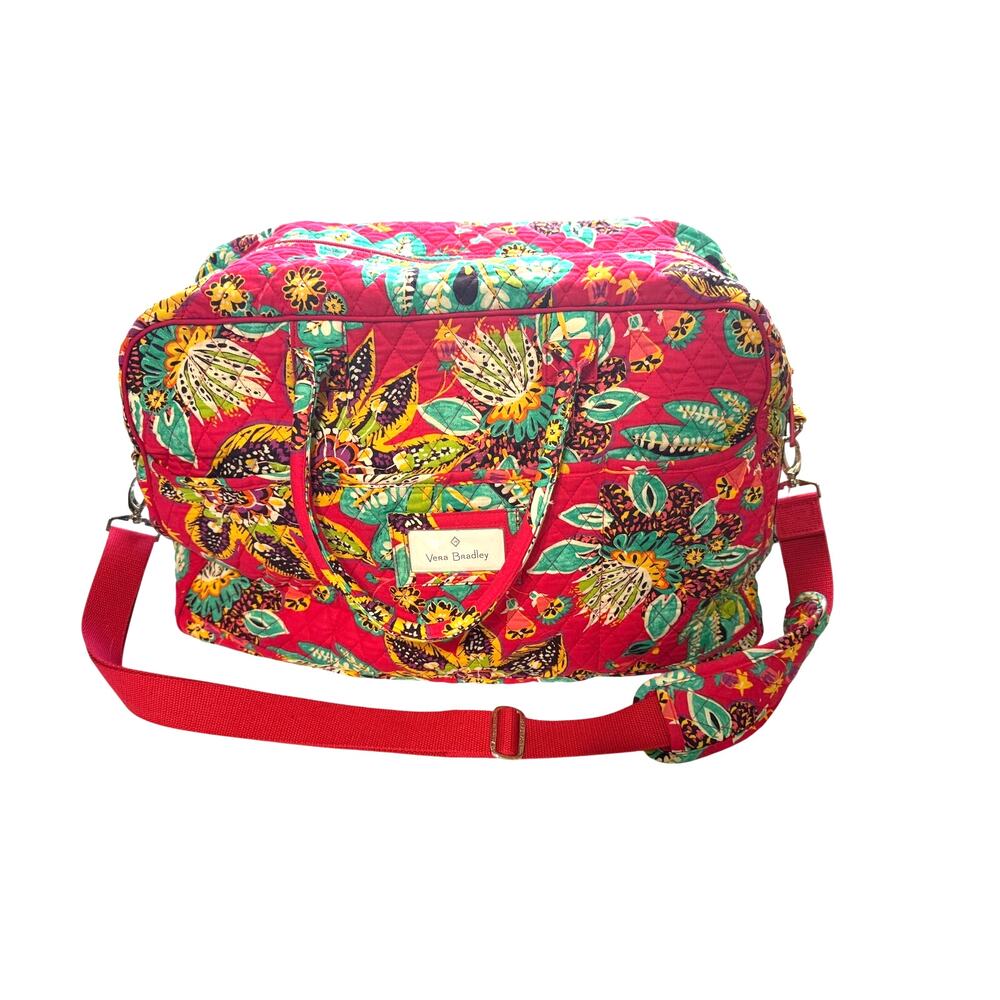 Retired Vera Bradley Rumba Pattern Red Floral Weekender Travel Bag 22x13x10